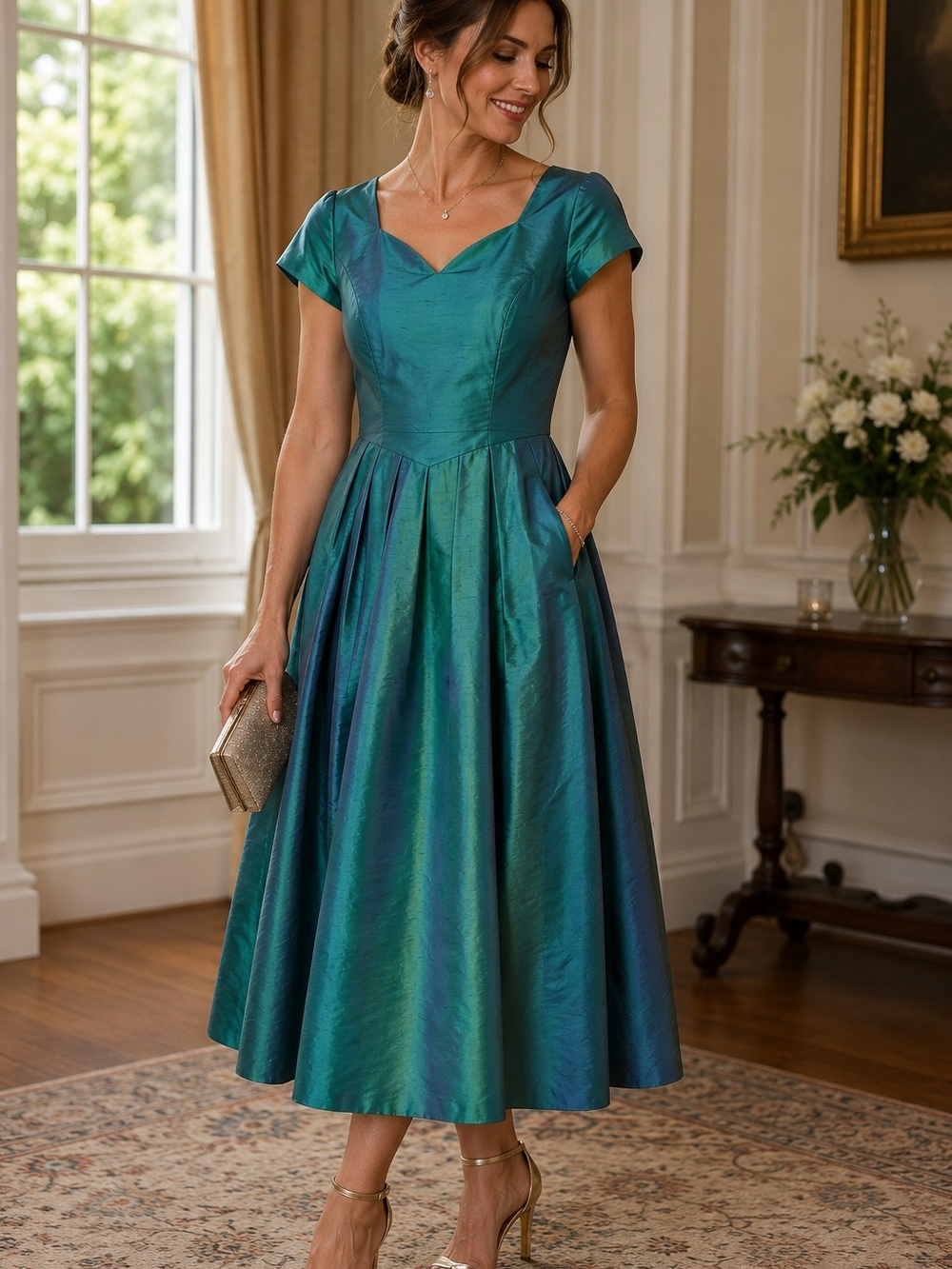 Vintage 1980's Laura Ashley 100% Silk Dupioni Iridescent Peacock Dress US 12